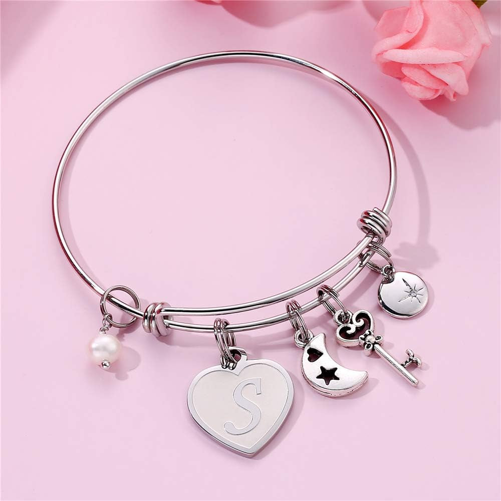 Initial Charm Bracelets for Women Gifts - Engraved 26 Letters Initial Charms Bracelet Stainless Steel Bangle Bracelet Birthday Christmas Jewelry Gift for Women Teen Girls