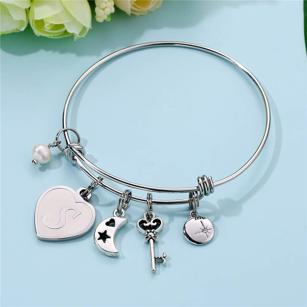 Initial Charm Bracelets for Women Gifts - Engraved 26 Letters Initial Charms Bracelet Stainless Steel Bangle Bracelet Birthday Christmas Jewelry Gift for Women Teen Girls
