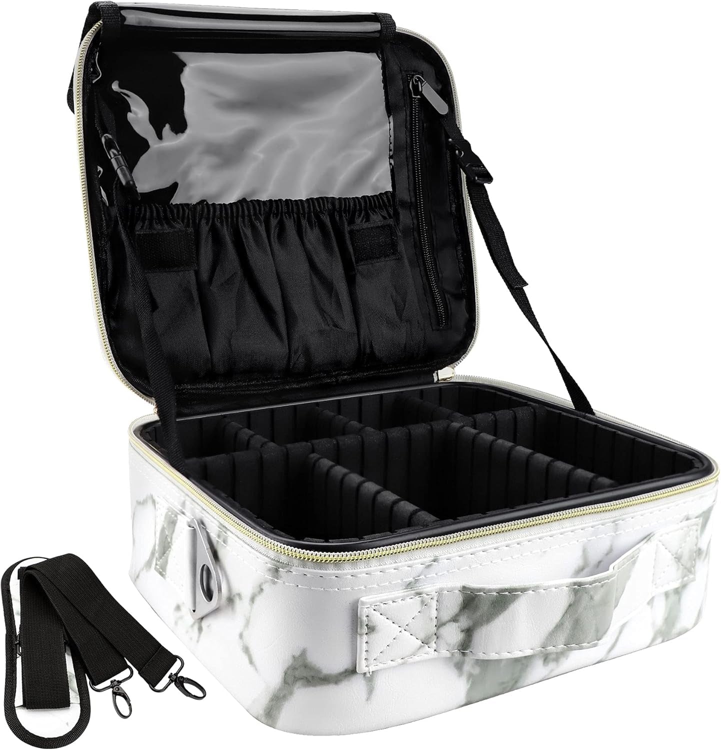 Travel Makeup Bag 10.4 Inches Portable Makeup Train Case Cosmetic Bag Organizer with Adjustable Dividers and Shoulder Strap for Cosmetics Brushes Toiletry Jewelry Digital Accessories (Marble)